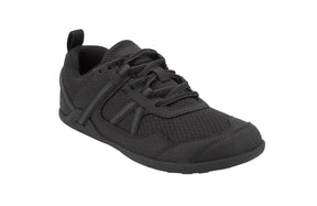 Black Xero Shoes Prio Kids shoes shown from an angle, featuring lightweight design and flexible soles suitable for young children.