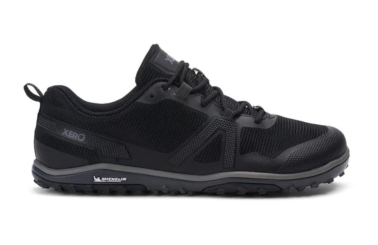 Men's Xero Shoes Scrambler Low EV in black and steel gray, showing the right side of the lightweight, low-profile trail running shoe.