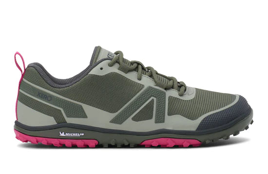 Women's Xero Shoes Scrambler Low EV hiking shoes in army green, right side view showing breathable mesh and rugged outsole.