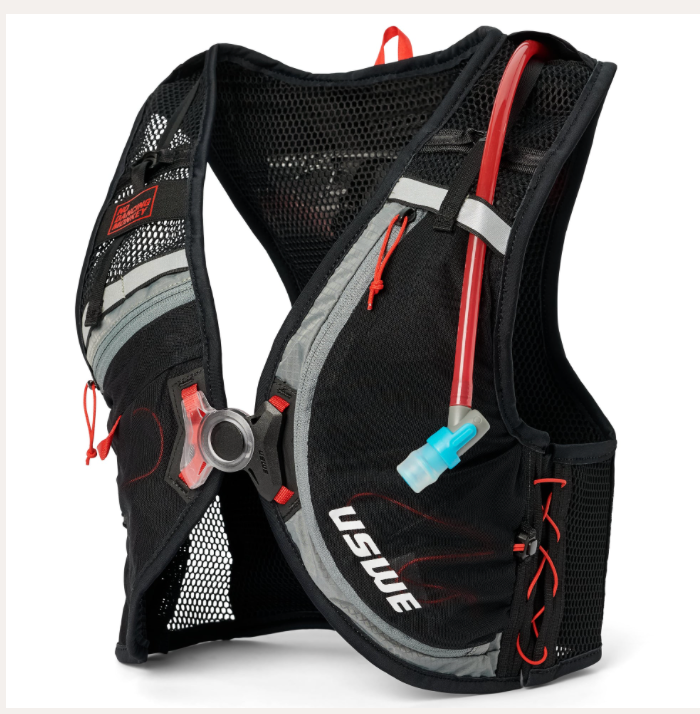 USWE Rush 8L bike hydration vest with adjustable straps, front storage pockets, and hydration bladder for mountain biking.