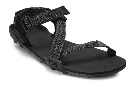 Men's Xero Shoes Z-Trail EV trail running shoes in multi-black, shown from side and front angles.