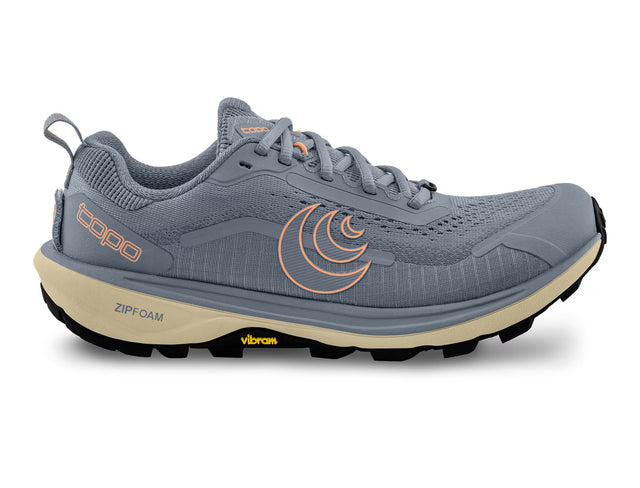 Topo Athletic Terraventure 5 women's running shoe in grey and peach with breathable mesh and durable outsole.