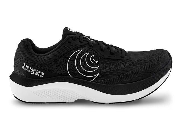 Black and white women's Magnifly 6 running shoes by Topo Athletic, featuring lightweight design and breathable mesh uppers.