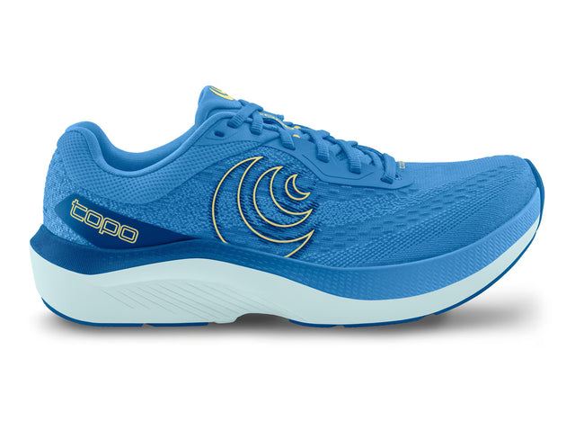 Topo Athletic Magnifly 6 women's running shoes in blue and yellow with breathable mesh uppers and cushioned soles.