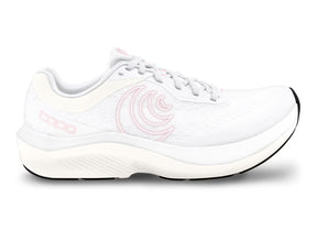Topo Athletic Magnifly 6 women's running shoes in white and pink, featuring lightweight design and supportive cushioning.