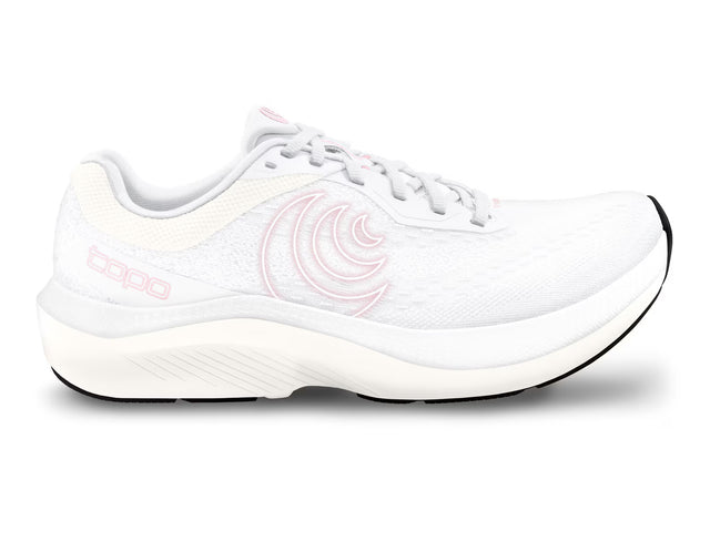 Topo Athletic Magnifly 6 women's running shoes in white and pink, featuring lightweight design and supportive cushioning.