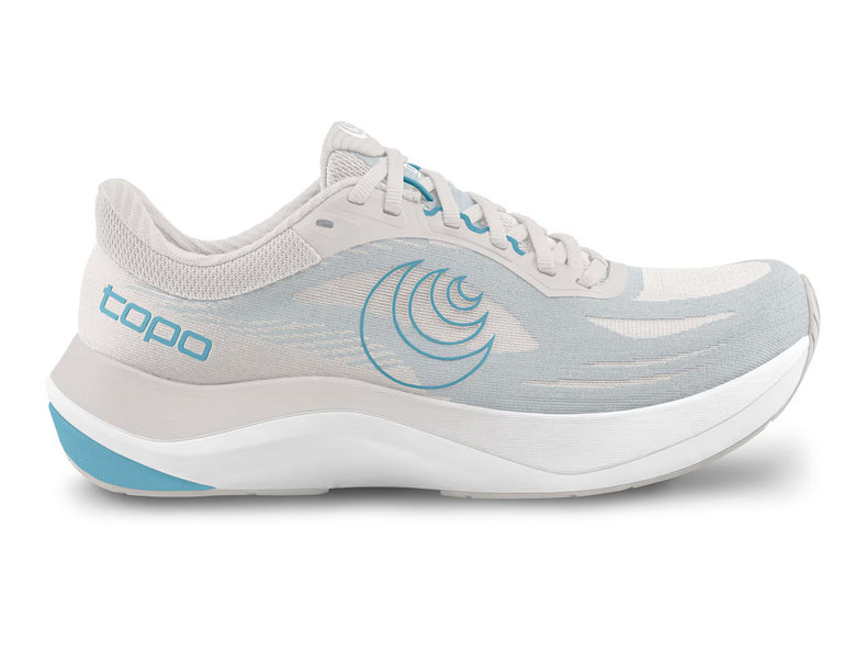 Topo Athletic Ultrafly 6 women's running shoe in grey and sky blue, featuring lightweight mesh upper and cushioned sole.