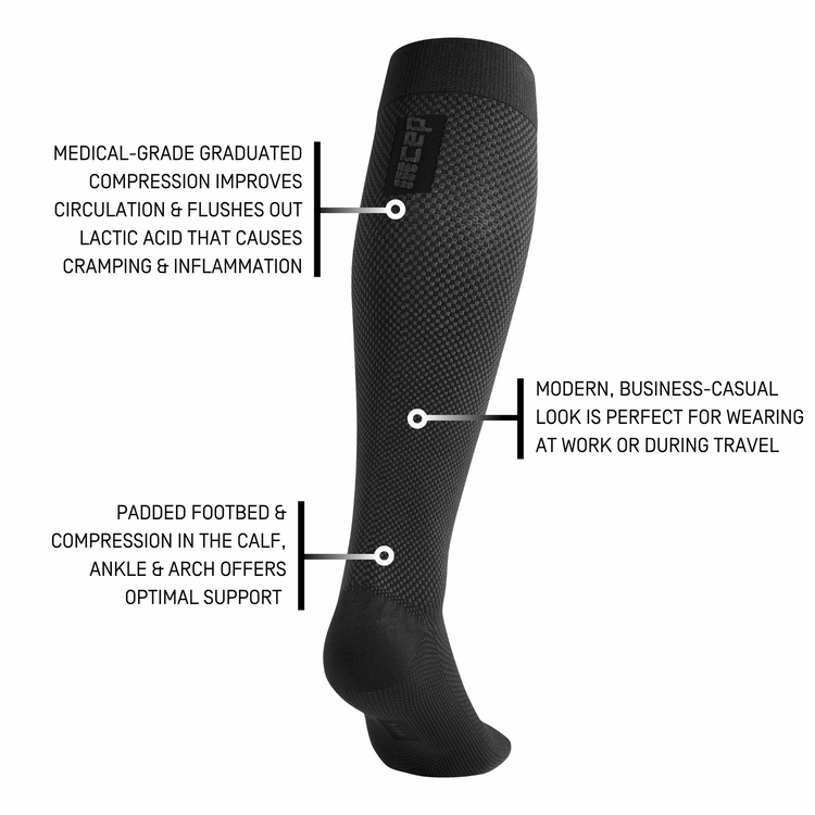 Black CEP Allday Tall Compression Socks for women, MEDI INC accessories, shown on a model's legs with a focus on the knee-high design.