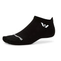Swiftwick Aspire no-show circuit black socks featuring a sleek low-profile design and breathable fabric for comfortable wear.