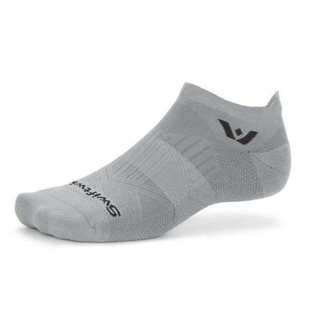 Gray Aspire no-show circuit socks by Swiftwick featuring a sleek design and low-profile fit.