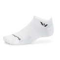 White Aspire no-show circuit socks by Swiftwick featuring a low-cut design and athletic fit, shown from a side profile.
