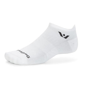 White Aspire no-show circuit socks by Swiftwick featuring a low-cut design and athletic fit, shown from a side profile.