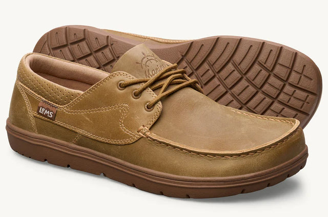 Lems Mariner unisex shoes in desert color, featuring breathable fabric and rugged rubber soles for outdoor adventures.