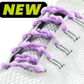 Purple lilac CATERPY No Tie Shoelaces on sneakers, showcasing easy slip-on design and vibrant color.