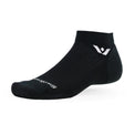 Black Swiftwick Pursuit ankle socks with a sleek design, featuring the brand logo and comfort-focused fabric.