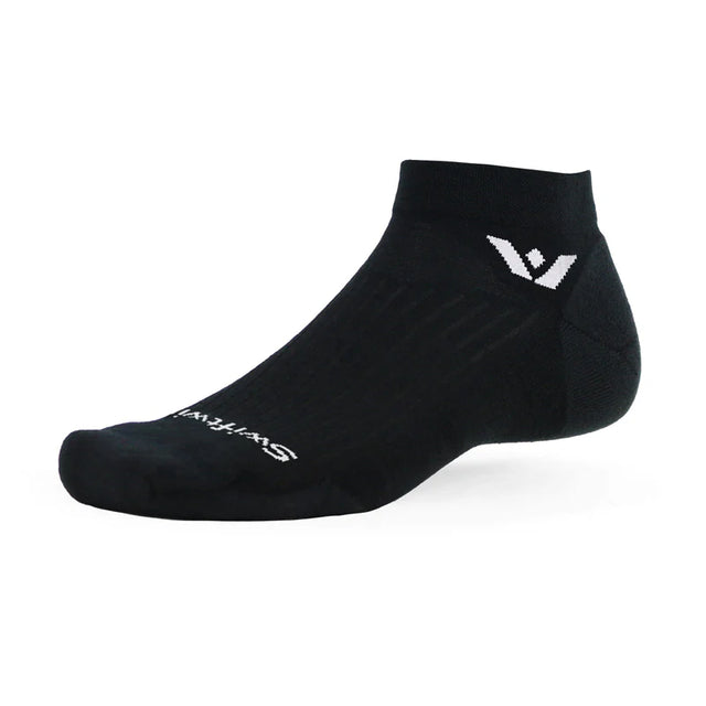 Black Swiftwick Pursuit ankle socks with a sleek design, featuring the brand logo and comfort-focused fabric.