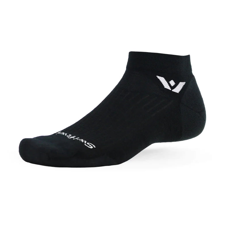 Black Swiftwick Pursuit ankle socks with a sleek design, featuring the brand logo and comfort-focused fabric.