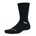 Black Swiftwick Pursuit crew socks with logo design, featured in a profile view on a white background.