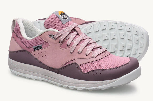 Unisex Trail Blazer shoes by Lems, side view showing rose-colored fabric and sturdy sole for outdoor trail walking.